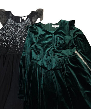 Holiday Dresses Lot of 2 Girls Size 10/12 Black Sequin Mesh Green Velvet Tulle